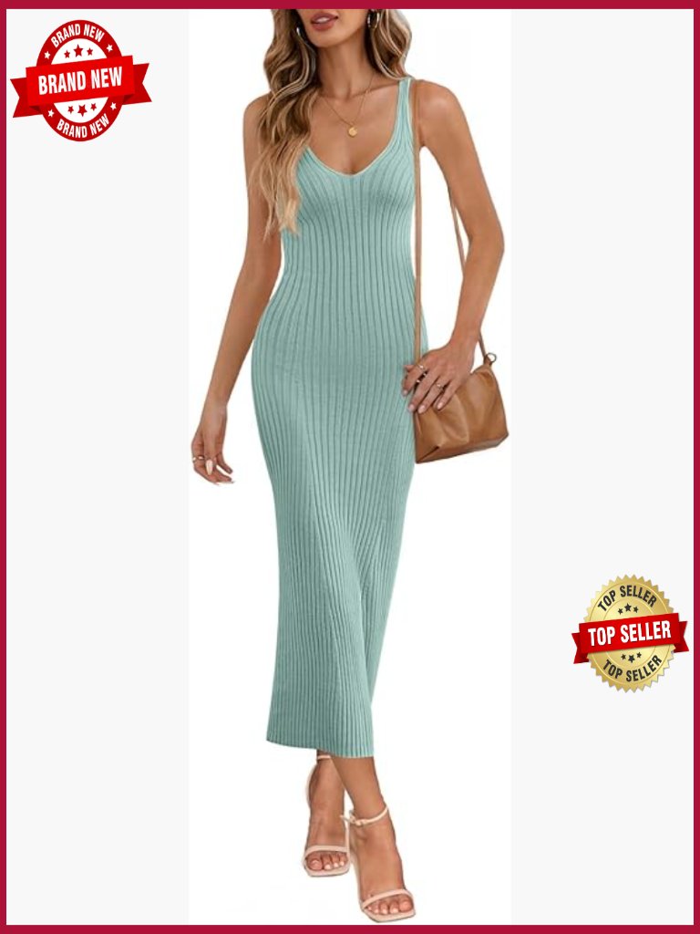 Sleeveless V Neck Knit Midi Bodycon Dress For Women